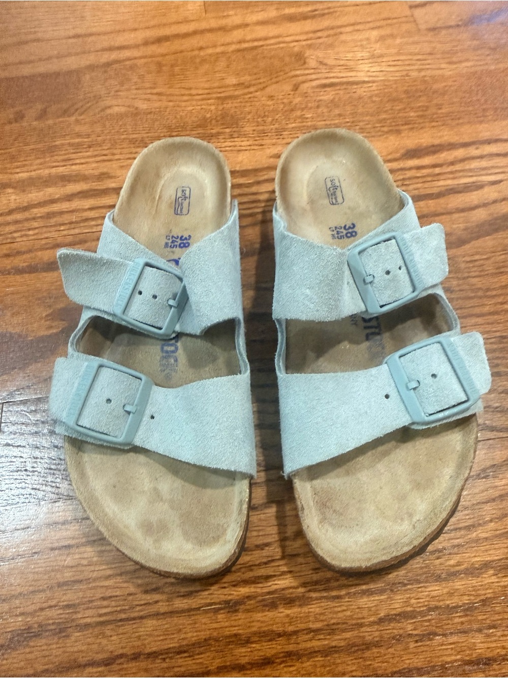 Women’s Light Gray/Green Arizona Birkenstock Suede Double-Buckle Sandals
